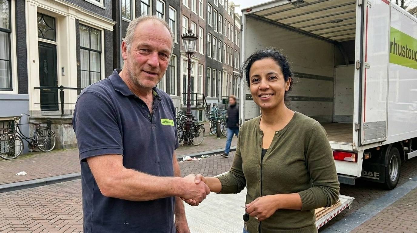 Tevreden klant schudt hand met verhuizer