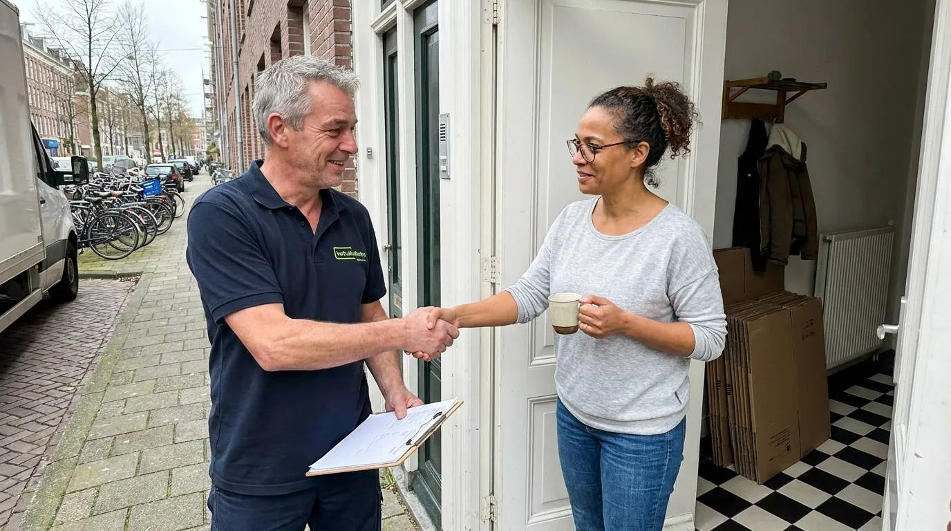 Tevreden klant schudt hand met verhuizer