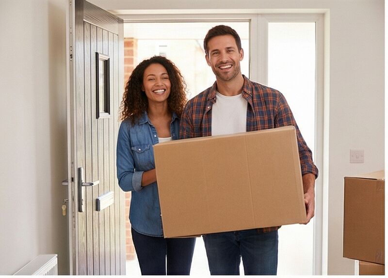 Stel pakt verhuisdozen in