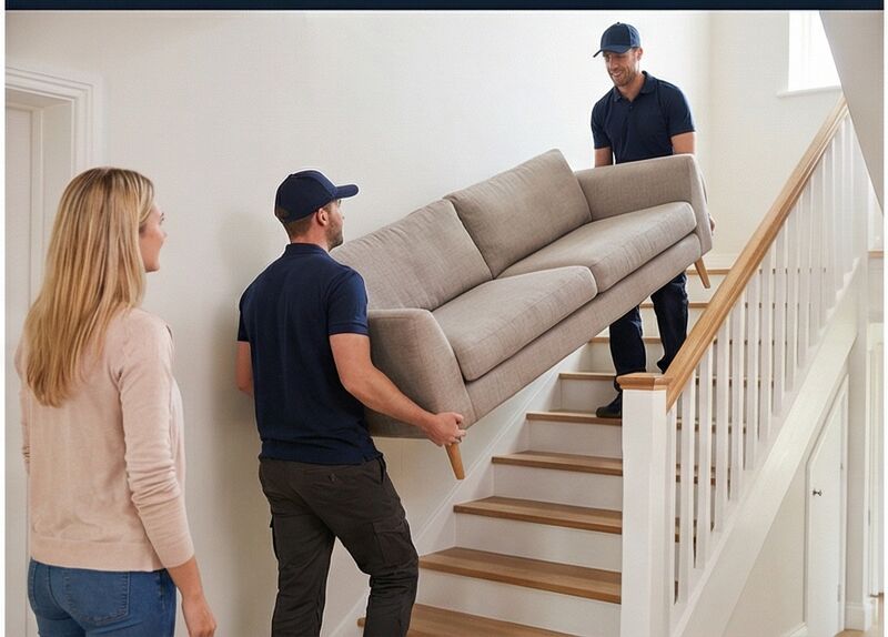 Verhuizers dragen dozen de trap af